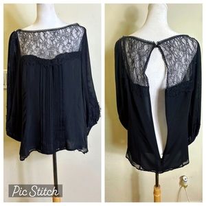 Nanette Lepore 100% black silk chiffon lace mini shift dress, puff sleeves sheer